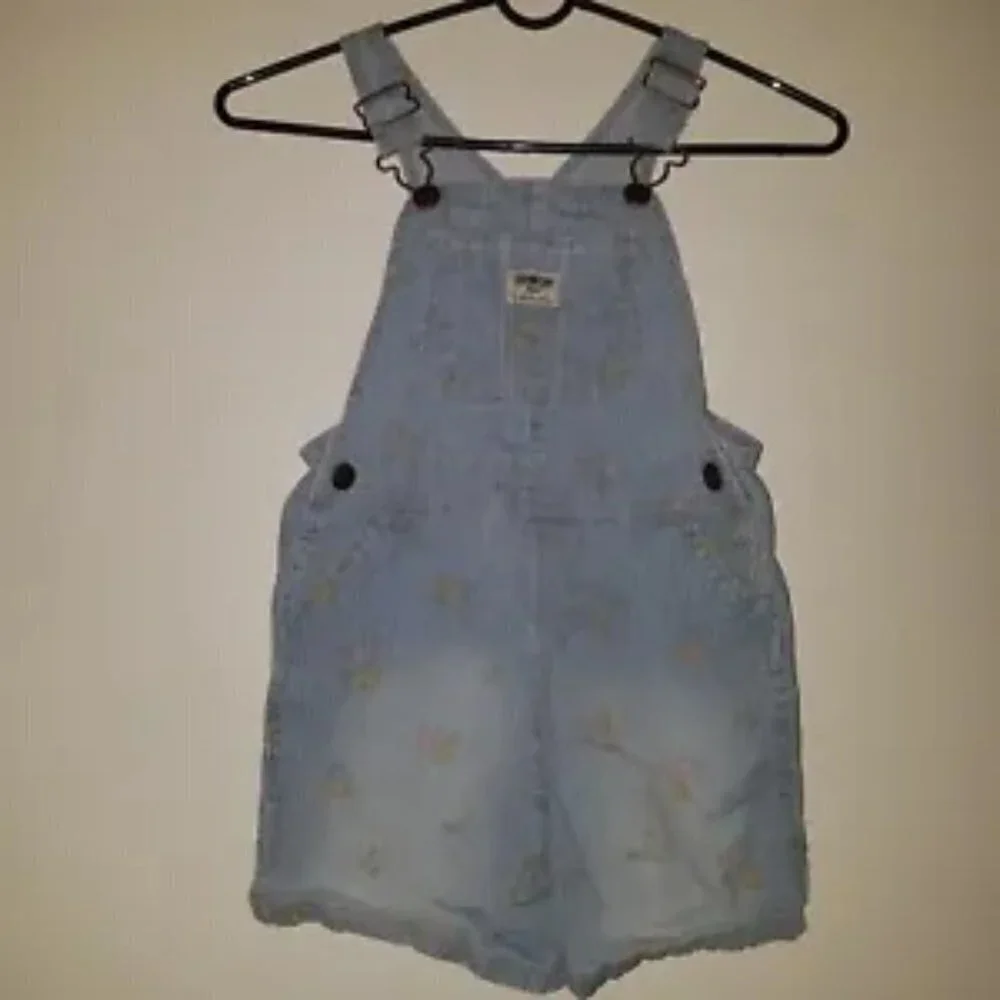 VTG OshKosh Floral Shortalls 5T Toddler Girl Shorts Overalls Blue Stripes FADING